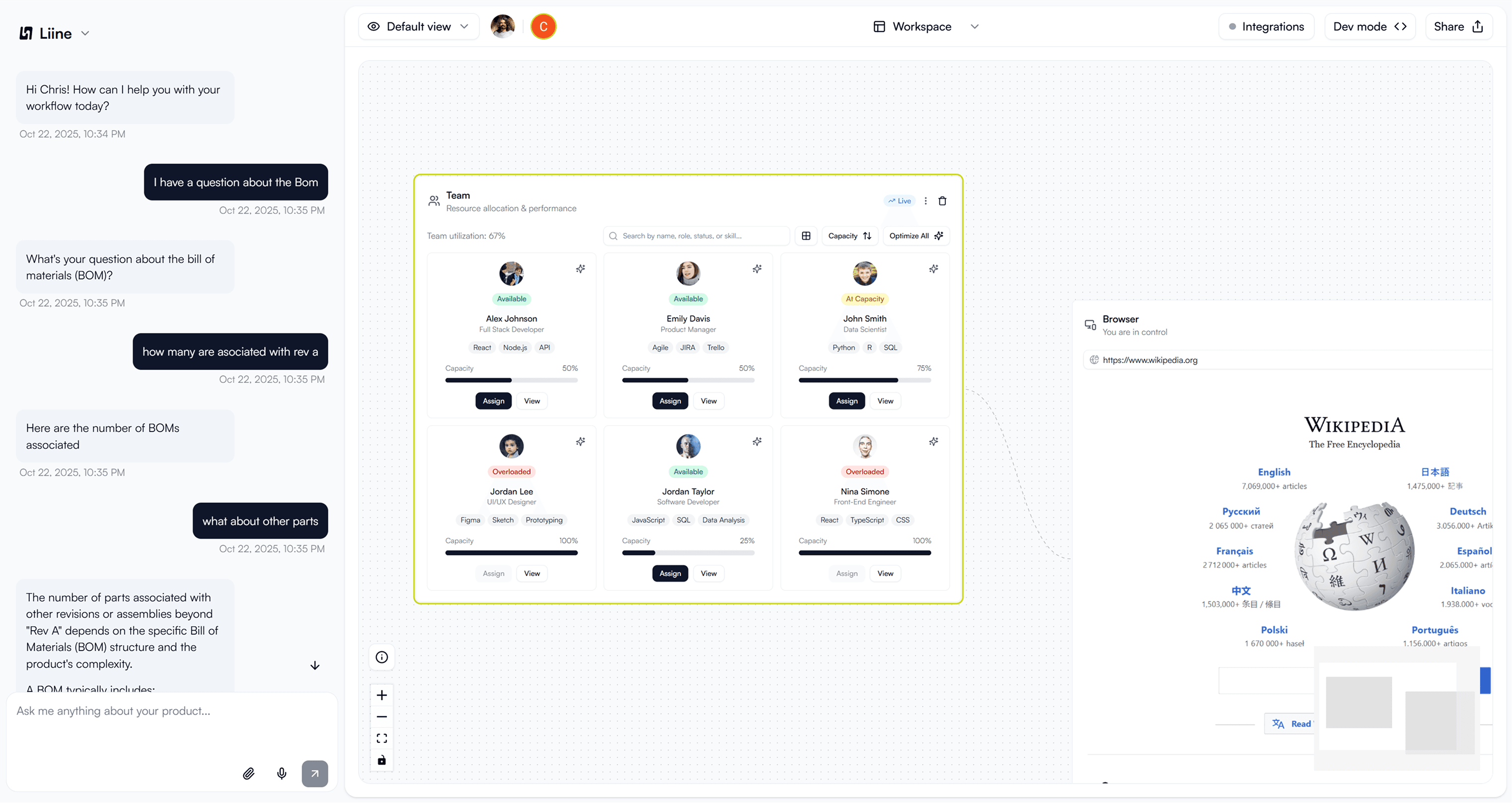 Liine AI Canvas Interface - showing team collaboration dashboard, chat interface, and browser integration